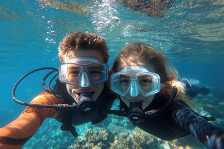 Two young snorkelers capture a joyful moment while exploring colorful coral reefs underwater. The bright blue ocean and clear visibility make for an exciting and memorable experience during this outdoor adventure.の素材