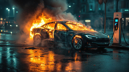 Flames erupt from an electric vehicle parked at a charging station during a rainy night. Bright fire contrasts with the dark, wet pavement, creating a dramatic scene as onlookers react to the emergency.の素材