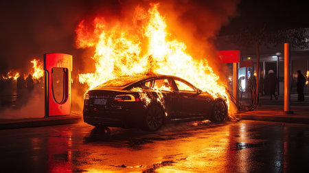 Flames erupt from an electric vehicle parked at a charging station during a rainy night. Bright fire contrasts with the dark, wet pavement, creating a dramatic scene as onlookers react to the emergency.の素材