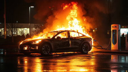 A black electric vehicle is engulfed in flames on a city street during the evening. Thick smoke billows into the sky, reflecting the glow of fire on the wet pavement. Nearby, a charging station stands in contrast to the chaos.の素材