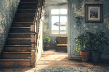 Sunlight filters through a large window, illuminating the worn wooden stairs and creating a warm glow in the room. Lush plants add a touch of green, while vintage decor and a cozy sofa invite relaxation, embodying a tranquil living space.の素材