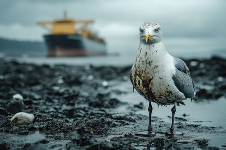 A seagull with a speckled beak stands on a wet, muddy shore, its feathers marked with dirt. In the background, a large cargo ship is docked under a gray, overcast sky, creating a somber atmosphere at the coast.の素材