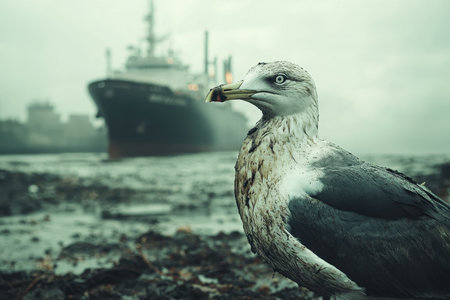 A seagull with a speckled beak stands on a wet, muddy shore, its feathers marked with dirt. In the background, a large cargo ship is docked under a gray, overcast sky, creating a somber atmosphere at the coast.の素材