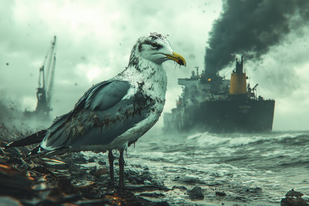 A seagull stands on the rocky beach, covered in mud, while a large cargo ship releases smoke in the background. The cloudy sky adds a dramatic mood to this coastal industrial landscape during an overcast day.の素材