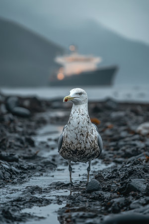 A seagull is perched on wet rocks near the coastline, with its feathers damp from the waves. In the background, a cargo ship looms, creating a melancholic atmosphere as twilight approaches. The sky is filled with dark clouds.の素材