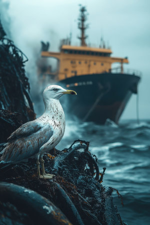 A seagull perches on the muddy banks of a busy port, surrounded by industrial equipment and a cargo ship in the distance. The atmosphere is overcast, creating a moody backdrop for the scene.の素材
