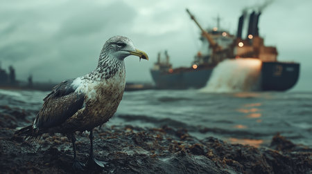 A seagull perches on the muddy banks of a busy port, surrounded by industrial equipment and a cargo ship in the distance. The atmosphere is overcast, creating a moody backdrop for the scene.の素材