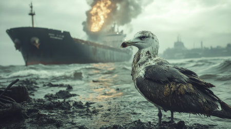 A seagull perches on the rocky shore as waves crash around it. In the background, a cargo ship emits thick black smoke, engulfed in flames. The overcast sky adds a gloomy atmosphere to the turbulent scene.の素材