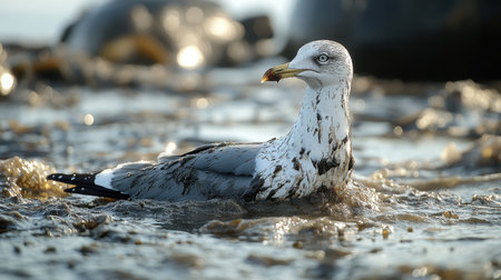 A seagull stands on the rocky beach, covered in mud, while a large cargo ship releases smoke in the background. The cloudy sky adds a dramatic mood to this coastal industrial landscape during an overcast day.の素材