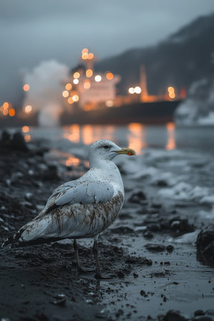 A seagull perches on the muddy banks of a busy port, surrounded by industrial equipment and a cargo ship in the distance. The atmosphere is overcast, creating a moody backdrop for the scene.の素材