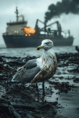 A seagull perches on the rocky shore as waves crash around it. In the background, a cargo ship emits thick black smoke, engulfed in flames. The overcast sky adds a gloomy atmosphere to the turbulent scene.の素材