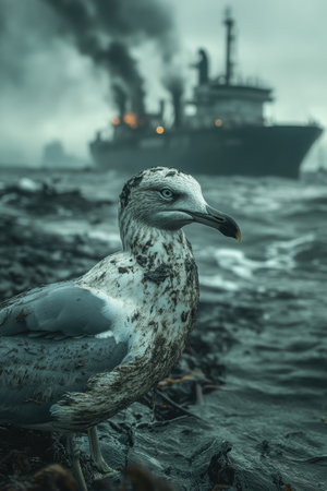 A seagull perches on the rocky shore as waves crash around it. In the background, a cargo ship emits thick black smoke, engulfed in flames. The overcast sky adds a gloomy atmosphere to the turbulent scene.の素材