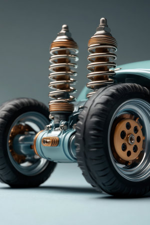 Close-up of a miniature car's suspension system reveals intricately designed coil springs and wheels positioned against a neutral backdrop. This detailed representation focuses on automotive engineering and craftsmanship.の素材