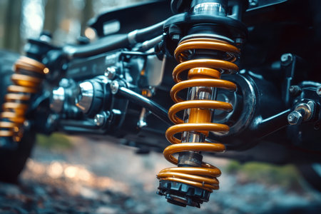A close-up perspective reveals a striking orange coil spring mounted within a sleek, teal mechanical assembly. The intricate details highlight advanced engineering design and craftsmanship prominent in contemporary manufacturing environments.の素材