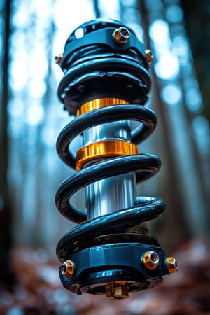 Close-up of precision-engineered suspension parts showcasing springs, dampers, and mountings in a well-lit automotive workshop. The yellow and metallic finish emphasizes the intricate design and functionality of racing equipment.の素材