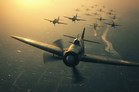 A group of vintage military aircraft flies in formation during a training exercise against a backdrop of a city at sunset. The low sunlight creates dramatic shadows, accentuating the planes' details against the urban skyline.の素材