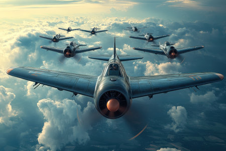 A group of vintage aircraft is performing a formation flight high above the clouds during sunset. The planes are closely aligned, showcasing their unique designs against a backdrop of colorful sky and fluffy clouds, creating a dramatic aerial moment.の素材