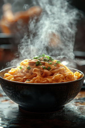 A steaming bowl of pasta is presented with a rich sauce, topped with fresh herbs and spices. The warm lighting creates a cozy ambiance, perfect for enjoying a comforting meal during a cool evening.の素材