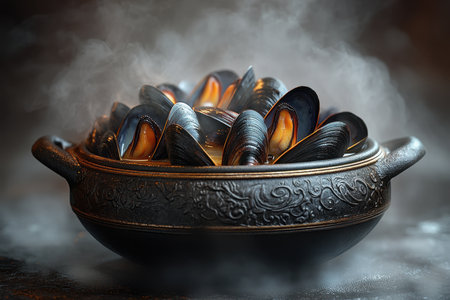 A vibrant dish of freshly cooked mussels is presented in a sleek black bowl. The mussels are complemented by green herbs, and steam rises, indicating warmth and freshness. This seafood dish showcases culinary expertise and flavor.の素材