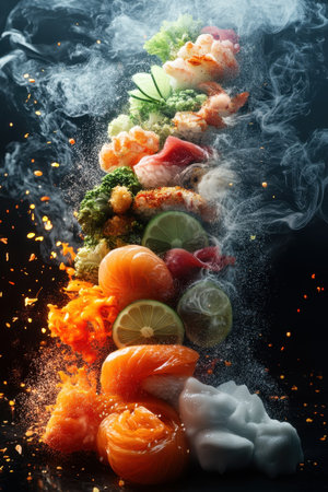 An artistic arrangement showcases a variety of fresh ingredients, including colorful seafood, crisp vegetables, and citrus slices, cascading vertically.の素材