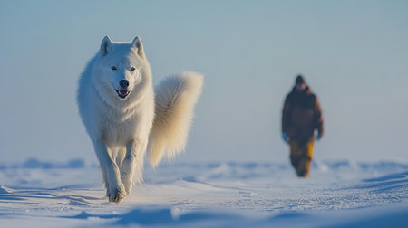 A white samoyed dog trots playfully through a vast expanse of snow, its fur glistening under the bright winter sun. In the background, a person dressed in warm, padded clothing walks slowly, creating a serene winter atmosphere.の素材