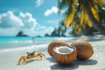 A small crab crawls across a sandy beach dotted with brown coconuts, while turquoise water gently laps at the shore. Lush palm trees sway in the gentle breeze under a blue sky with fluffy clouds, creating a serene tropical atmosphere.の素材