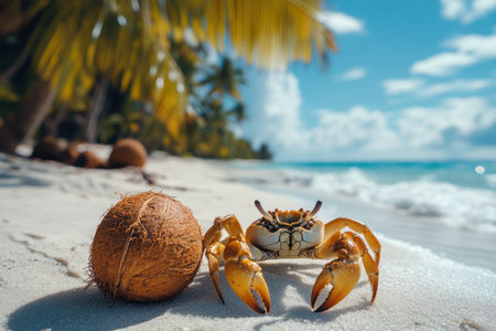 A colorful crab is perched on the sandy beach near a coconut, with gentle waves lapping at the shore. Lush palm trees frame the background under a clear blue sky, creating a serene tropical atmosphere.の素材