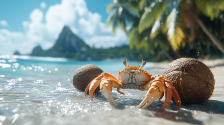 A lively crab crawls along the shore, surrounded by coconuts, with gentle waves lapping at its feet. In the background, lush palm trees and distant mountains create a picturesque tropical setting.の素材