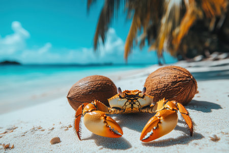 A vibrant crab scuttles across the warm, sandy beach near two brown coconuts. The clear blue ocean sparkles under the bright sunlight, creating a picturesque tropical scene with lush greenery in the background.の素材