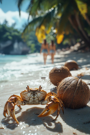 A lively crab crawls along the shore, surrounded by coconuts, with gentle waves lapping at its feet. In the background, lush palm trees and distant mountains create a picturesque tropical setting.の素材