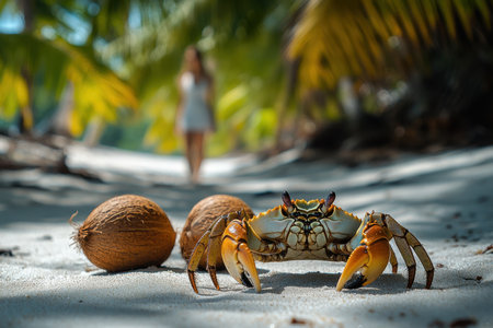 A crab scuttles along a pristine sandy beach, with gentle waves lapping nearby. Two coconuts rest on the shore, surrounded by lush palm trees under a bright blue sky. It is a tranquil moment in a tropical setting.の素材
