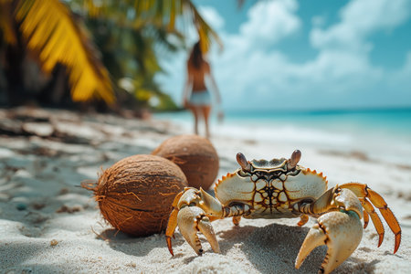 A crab scuttles along a pristine sandy beach, with gentle waves lapping nearby. Two coconuts rest on the shore, surrounded by lush palm trees under a bright blue sky. It is a tranquil moment in a tropical setting.の素材