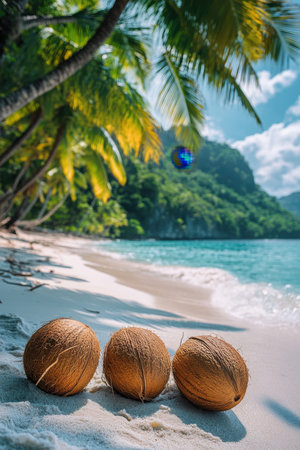 Lush palm trees provide shade over a sandy beach where numerous coconuts rest on the ground. Some coconuts are split open, revealing the creamy interior. The water glistens in the background under bright sunlight.の素材