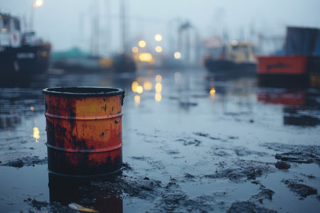 The harbor is shrouded in mist as a rusted barrel stands out against the muddy shoreline. Boats are faintly visible in the background under a dusky sky, emphasizing environmental neglect.の素材