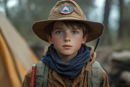 A young boy in a brown camping uniform stands near a cluster of tents, holding a stick. His thoughtful expression contrasts with the vibrant background of summer greenery and other campers engaged in various activities.の素材