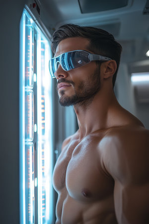 A man poses in a tanning room, showcasing his toned physique while wearing protective goggles. The room is illuminated by vibrant blue tanning lamps, creating an otherworldly ambiance during his session.の素材