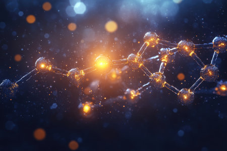 A vibrant molecular structure is illuminated against a dark background, showcasing glowing connections. Particles and lights create an enchanting atmosphere highlighting the complexity of the model.の素材