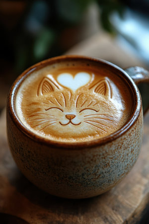 A delightful cup of coffee showcases intricate latte art depicting a smiling cat face. The beverage is served in a rustic wooden cup, placed on a weathered table in a cozy cafe, creating a warm afternoon ambiance.の素材