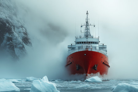 A robust icebreaker ship cuts through frozen waters, leaving a trail behind. The vessel, adorned in bright colors, boldly navigates among scattered ice floes in a desolate Arctic landscape under a muted sky.の素材