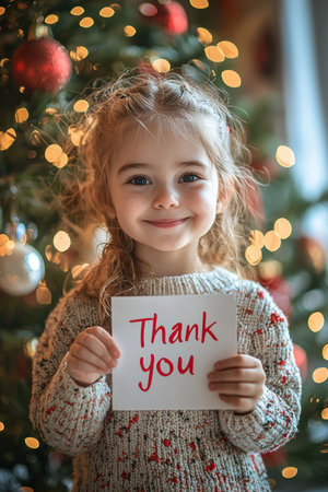 A cheerful young girl stands in front of a decorated Christmas tree, showcasing her gratitude by holding a Thank You sign. The soft glow of the tree lights enhances the warm and joyful atmosphere of the holiday season.の素材
