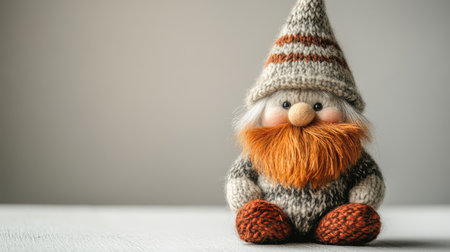 A detailed knit gnome doll is placed on a light-colored table, showcasing its fluffy orange beard and whimsical striped hat. The soft lighting accentuates the textures and colors, creating a cozy ambiance.の素材