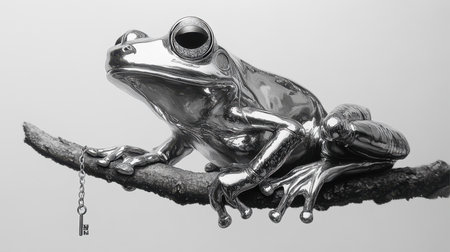 A highly detailed metallic frog rests gracefully on a thin branch. The reflective surface captures light and its surroundings, while a small key hangs from the branch, adding an intriguing element to the contemporary design.の素材