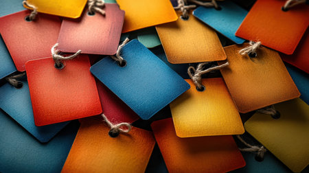 A vibrant collection of paper tags in various colors creates a lively display on a wooden surface.の素材