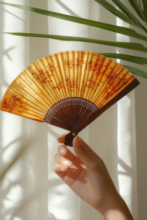 A hand gently holds a vintage decorative fan adorned with intricate designs. Sunlight streams through sheer curtains, casting a warm glow. Green leaves in the background add a natural touch to this serene moment.の素材