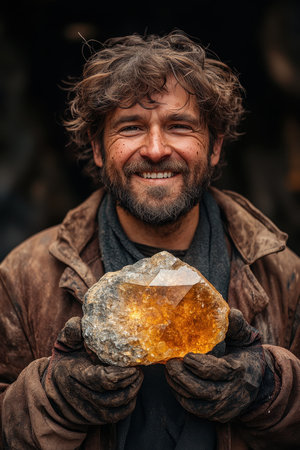 A man with long hair and a beard proudly holds a large rock, displaying his excitement after a fruitful day of exploration in a natural, rugged setting.の素材