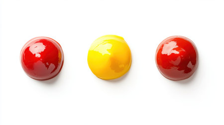 Three glass jars filled with different smooth sauces in orange, yellow-orange, and yellow hues, inviting creative use in various culinary dishes and snacks.の素材