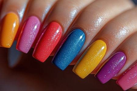 Close-up of a well-manicured hand displaying nails adorned with a gradient of glittering colors, including pink, orange, yellow, green, blue, and purple. The shimmering effect enhances the vibrant hues under soft evening lighting.の素材