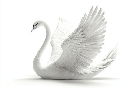 A stunning white swan stands proudly, showcasing its beautiful wings in a graceful pose. The minimalist background emphasizes the bird's elegance and intricate feather details, creating a tranquil atmosphere.の素材