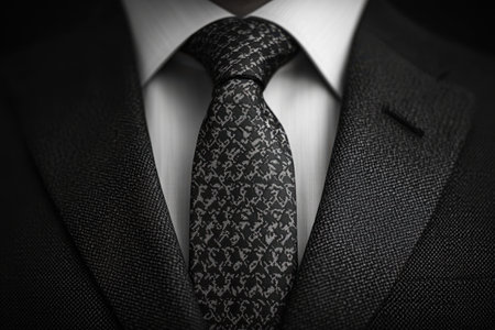 A close-up view of a stylish black suit worn by an individual, featuring a distinctive patterned tie. The ensemble captures the essence of sophistication and professionalism, perfect for formal occasions and events.の素材