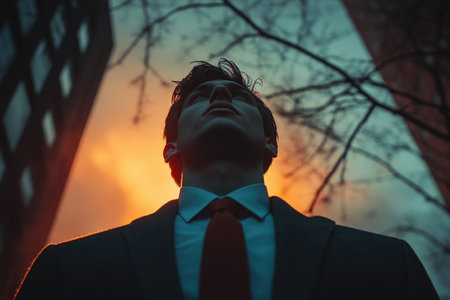A man dressed in a formal suit stands in an urban environment, gazing up towards a vibrant sunset illuminating the tall buildings around him. The scene captures a moment of contemplation in the evening light.の素材